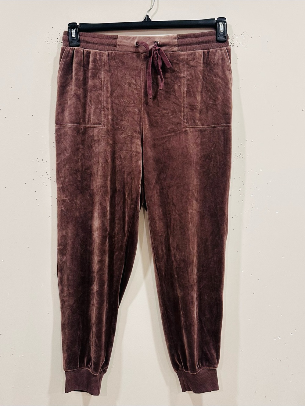 Jane + Delancey Women's Velour Joggers Brown Velvet Lounge Pants Drawstring Sz L